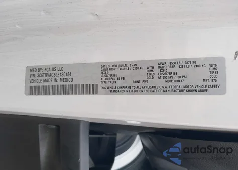 2020 Ram Promaster 1500 Low Roof 136 Wb from USA, damaged, VIN 3C6TRVAG2LE130182